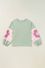 Smoke Green Flower Patchwork Raglan Sleeve Exposed Seam Oversized Top