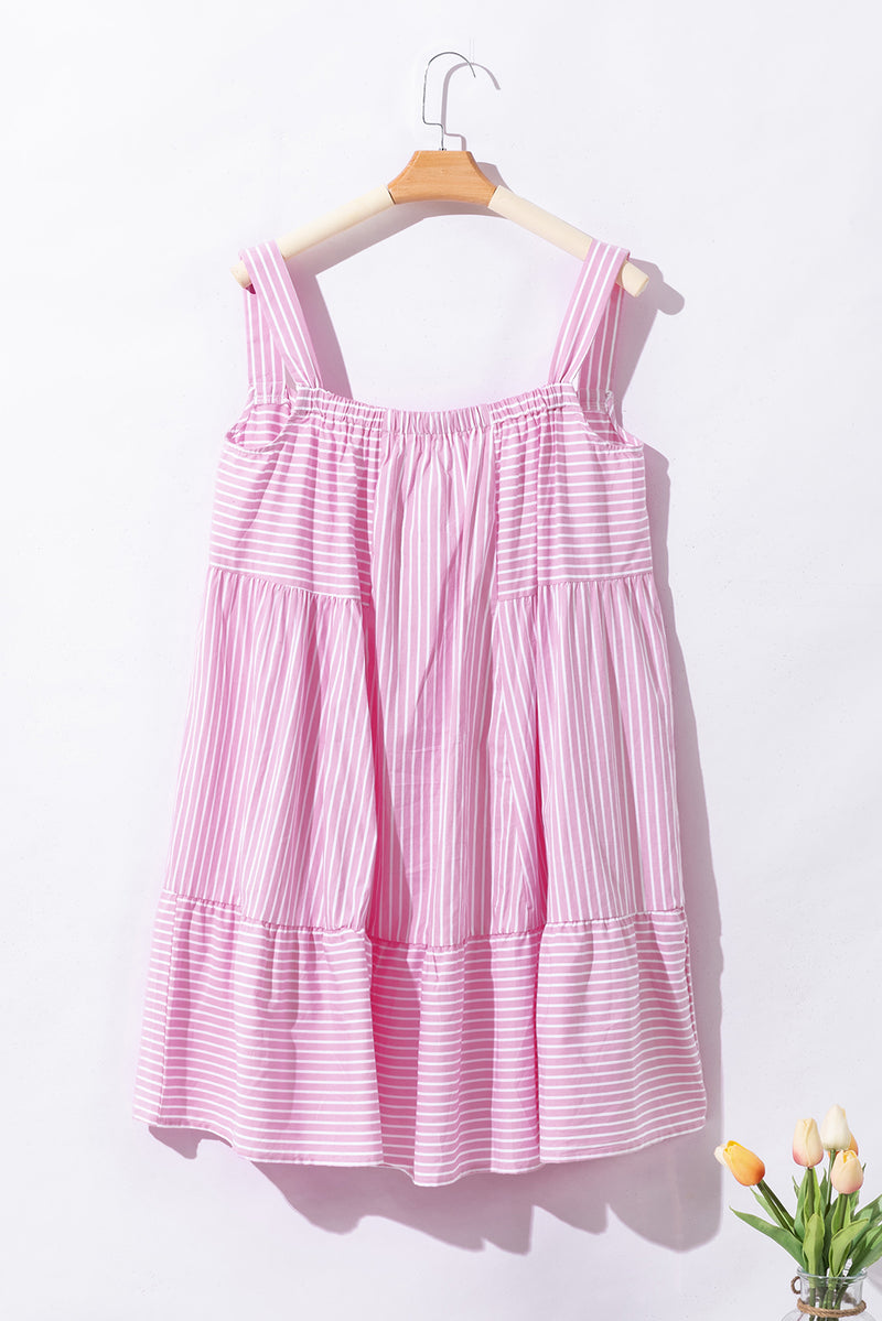 Pink Stripe Pinstriped Ruffled Hem Sleeveless Mini Flared Dress