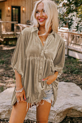 Pale Khaki 3/4 Sleeve Tunic Babydoll Velvet Shirt