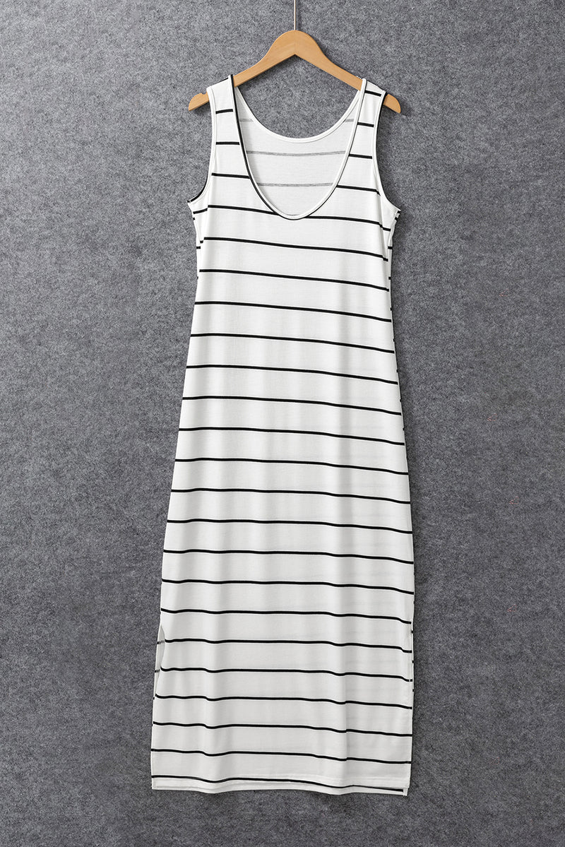 White Stripe Print Open Back Sleeveless Maxi Dress with Slits