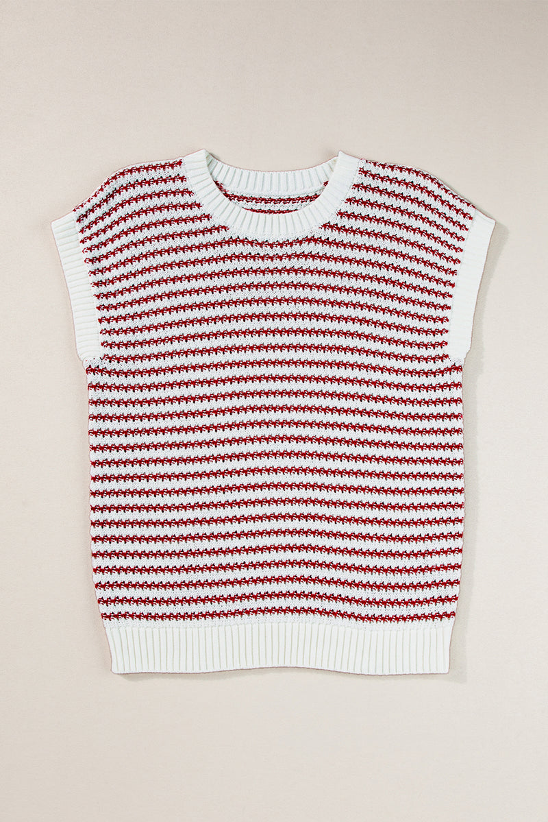 Red Stripe Ribbed Trim Loose Fit Knitted Sweater Vest