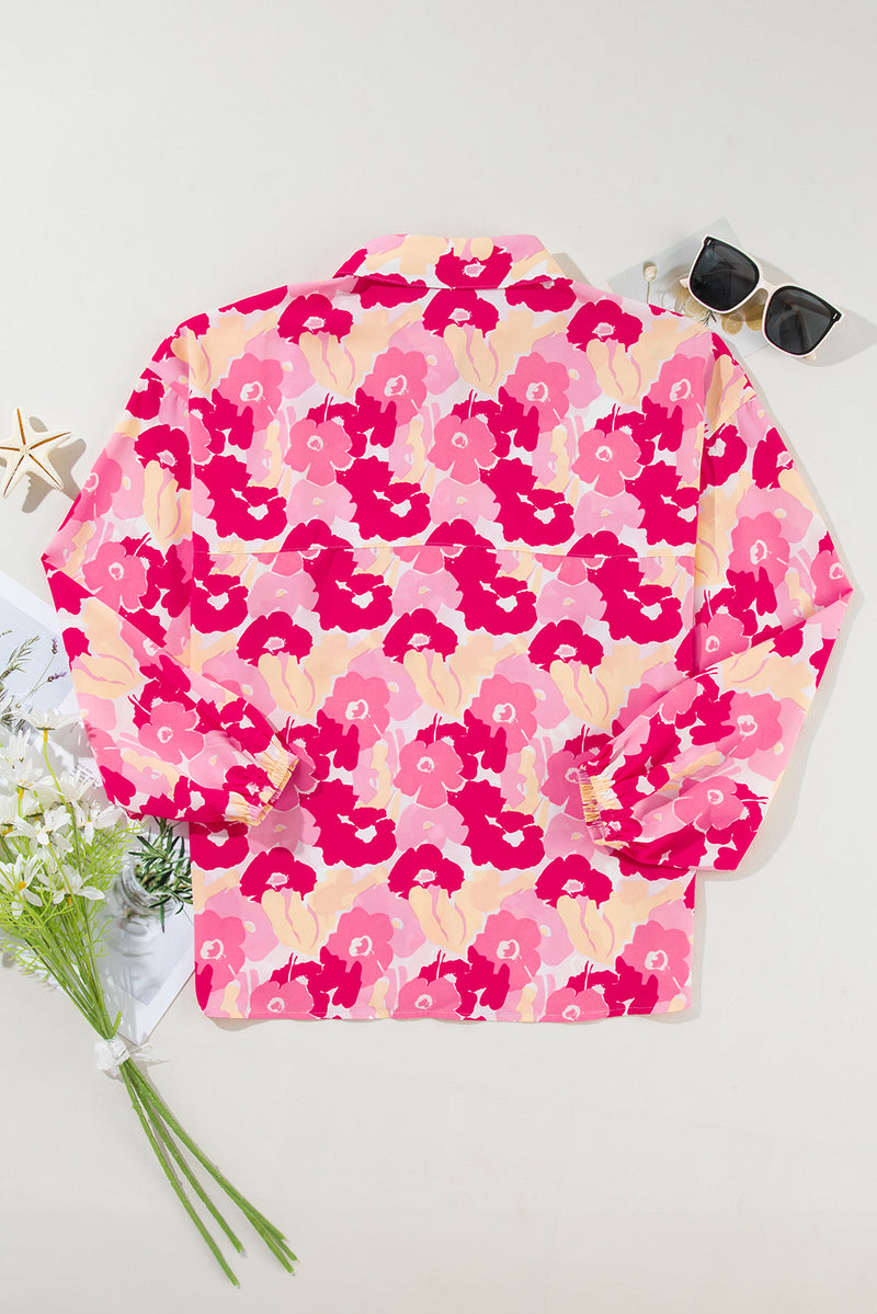 Pink Blooming Floral Print Puff Sleeve Buttoned Shirt