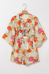 Orange Blooming Floral Print Front Tie Romper