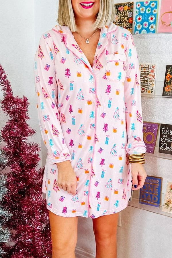 Pink Christmas Twinkle Tree Print Shirt Sleep Dress