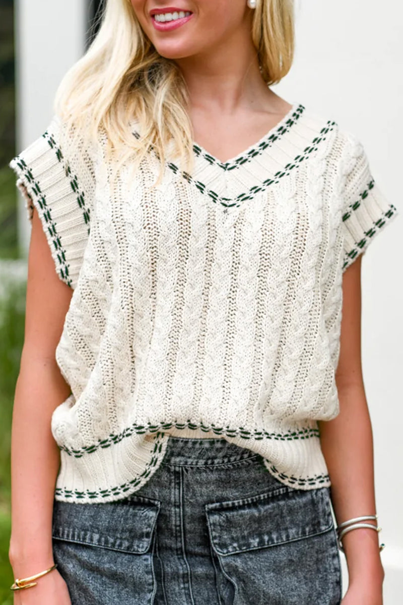 White Contrast Trim V Neck Cable Knit Sweater Vest