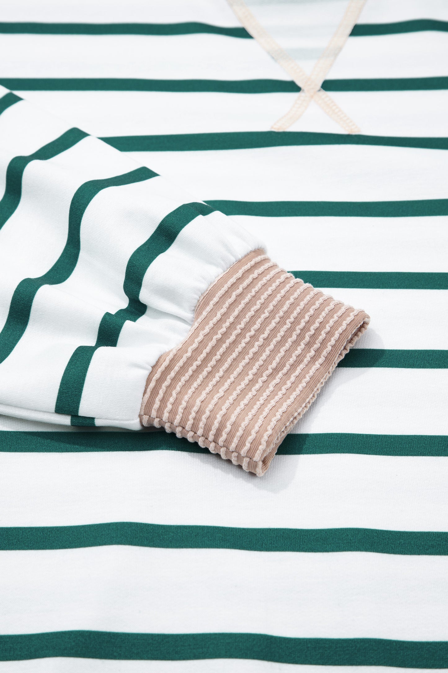 White Stripe Twisted Ribbed Patchwork Drop Shoulder Round Neck Sweatshirt