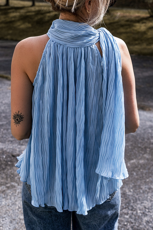 Myosotis Textured Pleated Tied Mock Neck Flowy Tank Top