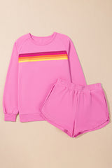 Bonbon Striped Accent Pullover and Shorts Two Piece Casual Set