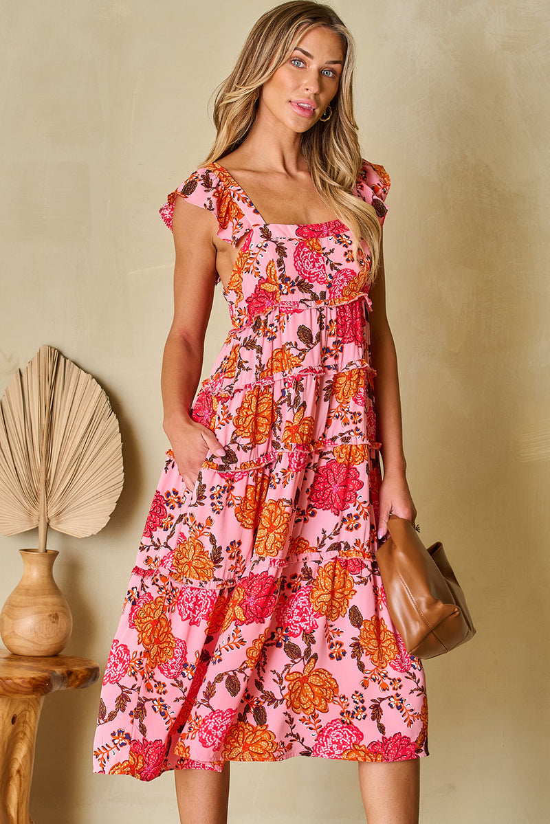 Pink Floral Square Neck Ruffled Flutter Sleeve Tiered Midi Dress