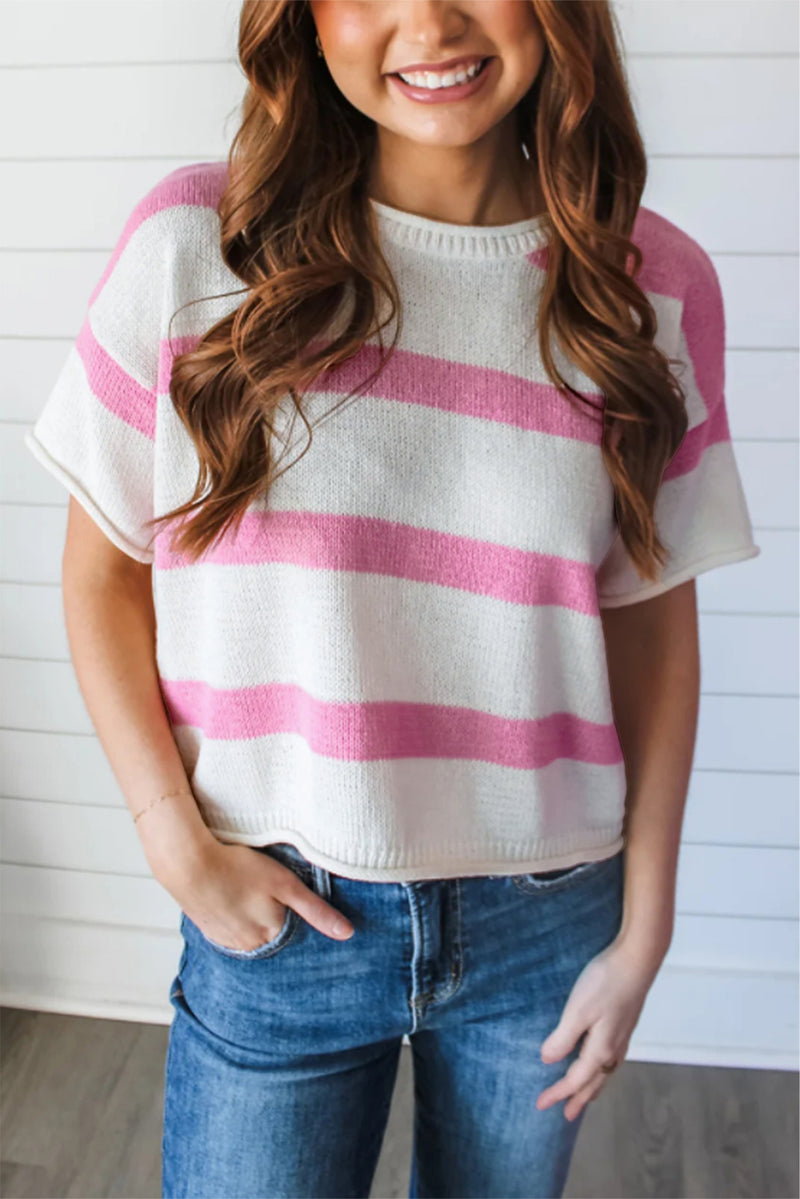 Pink Stripe Dropped Short Sleeve Lightweight Knitted Top