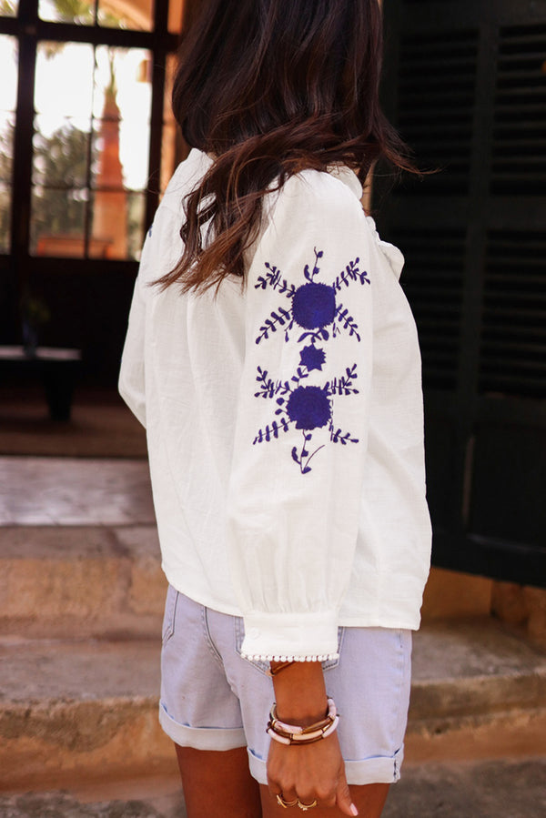 White Floral Embroidered Bracelet Sleeve Shirt