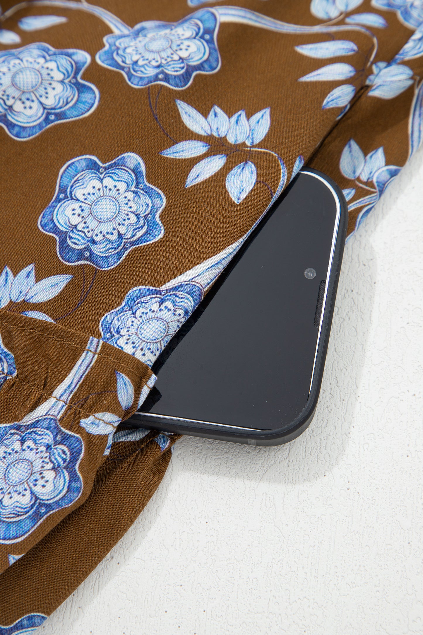 Brown Floral Print Ruffled Detail Shirt Collar Button Down Long Sleeve Dress