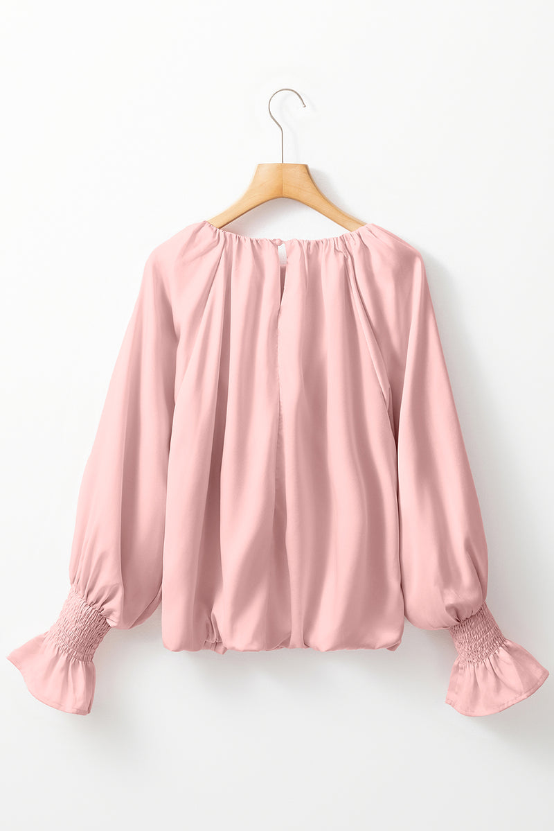 Apricot Pink Pleated Round Neck Flounce Sleeve Satin Blouse