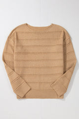 Pale Khaki Boat Neck Drop Shoulder Pointelle Knit Sweater