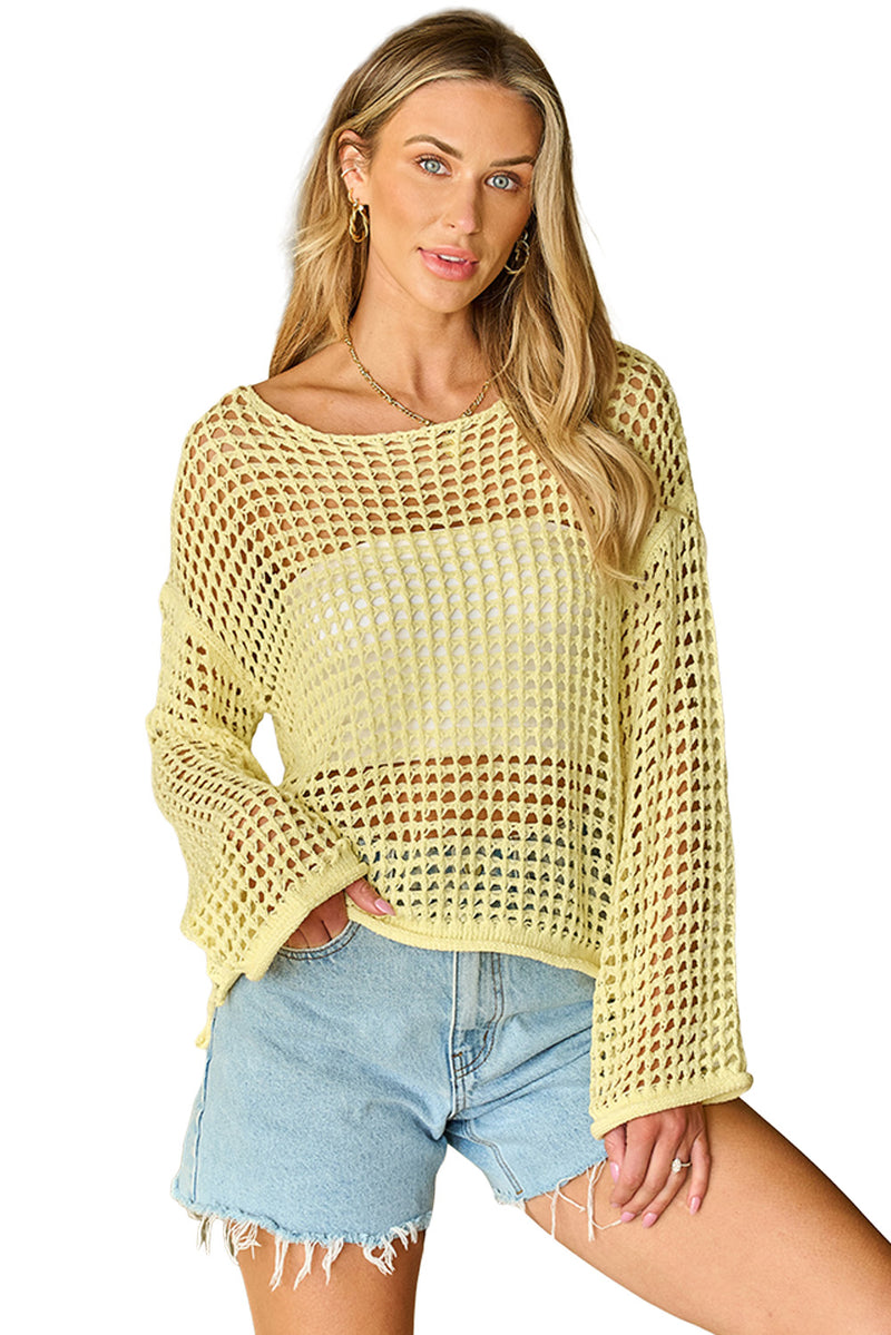 Yellow Open Knit Crochet Bell Sleeve Tunic Sweater