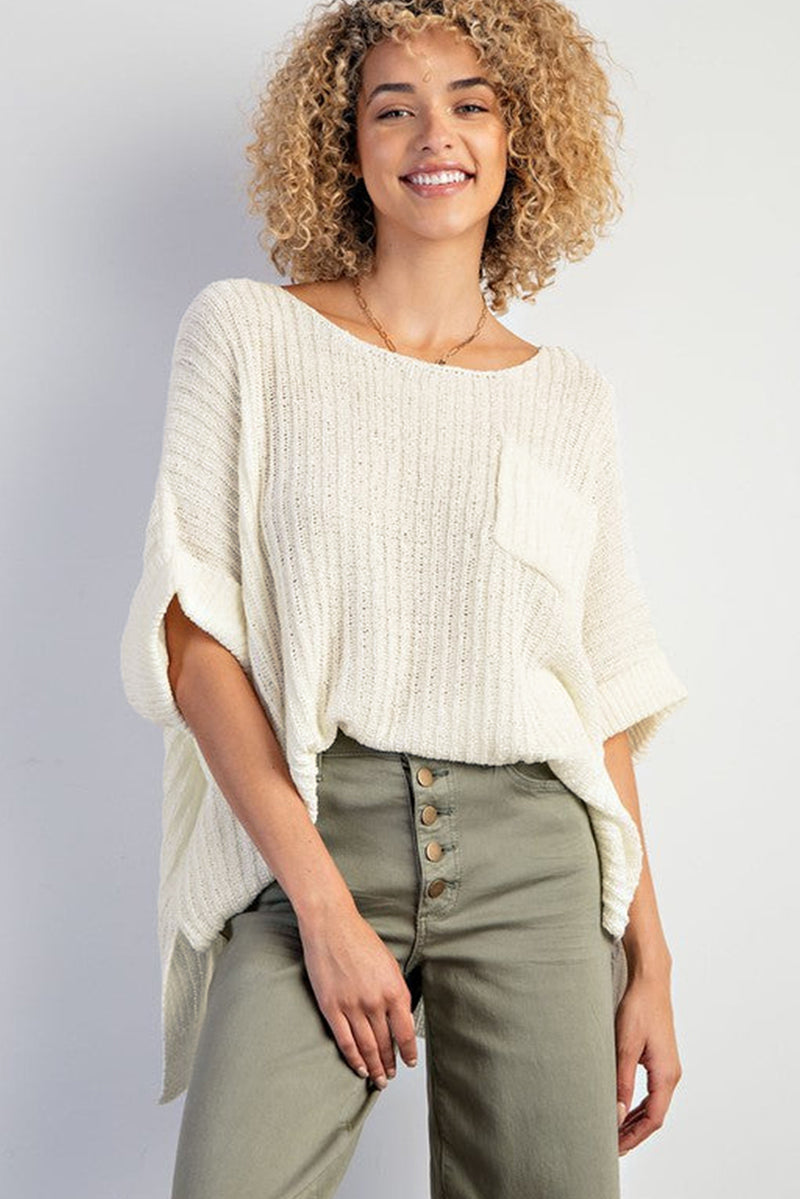 White Rolled Cuffs Loose Knit Tee with Slits