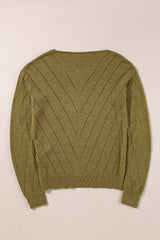 Sage Green Solid Eyelet Drop Shoulder V Neck Sweater