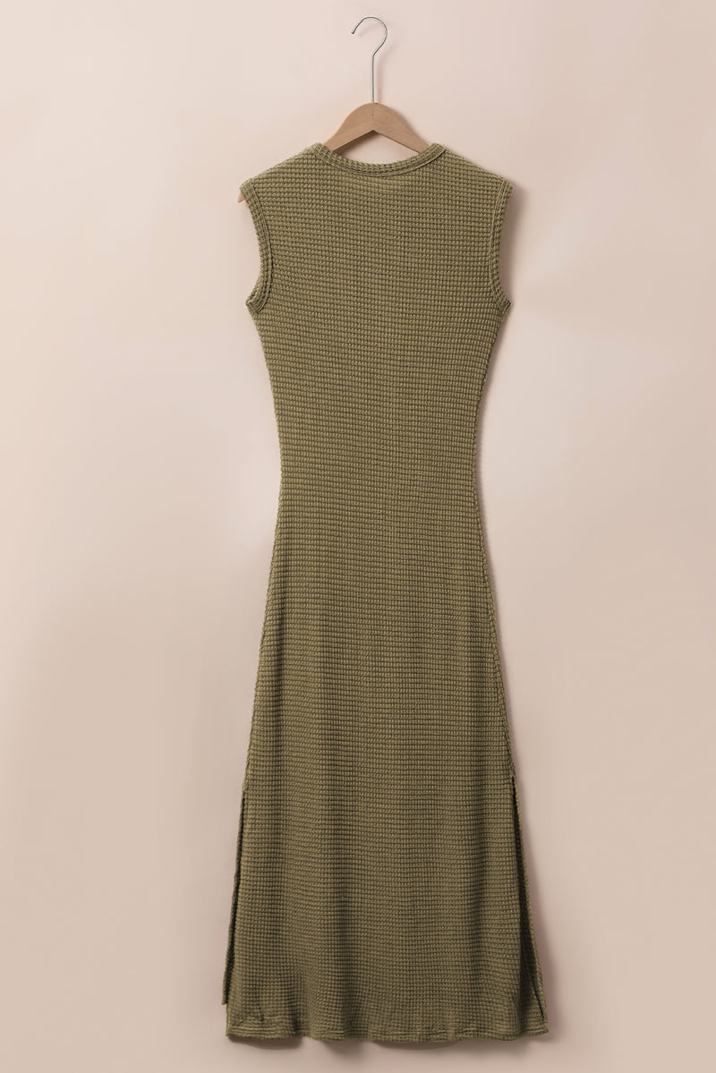 Jungle Green Waffle Knit Sleeveless Long Dress with Slits