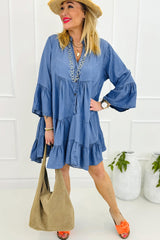 Sky Blue Chambray Ruffled 3/4 Sleeve Tiered Split V Neck Mini Dress