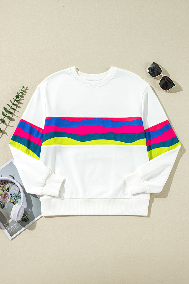 White Colorful Striped Accent Long Sleeve T Shirt