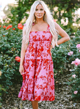 Pink Tie Shoulder Straps Tiered Floral Dress