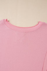 Pink Waffle Knit Bishop Sleeve Split Oversized Sweatshirt