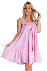 Pink Stripe Pinstriped Ruffled Hem Sleeveless Mini Flared Dress