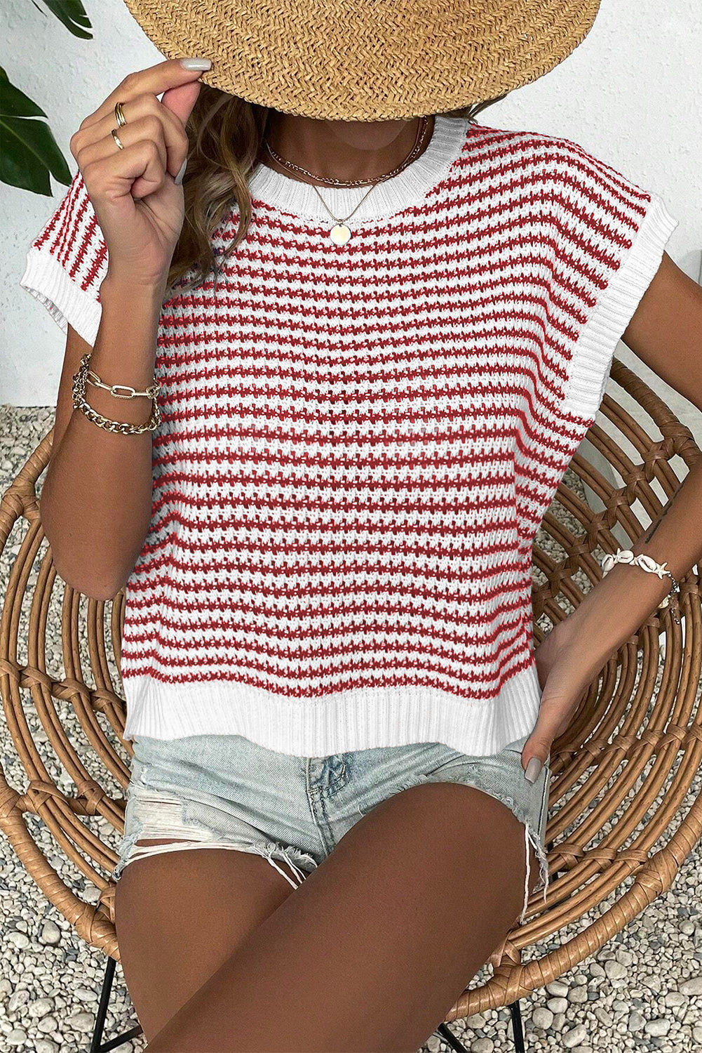 Red Stripe Ribbed Trim Loose Fit Knitted Sweater Vest