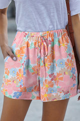 Pink Floral Print Side Pockets Drawstring Casual Shorts