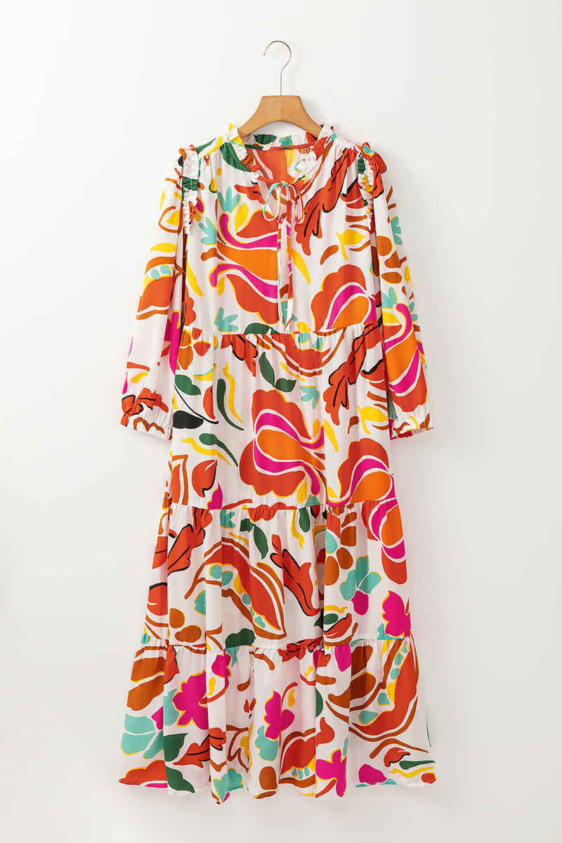 Orange Floral Print Split V Neck Tiered Maxi Dress