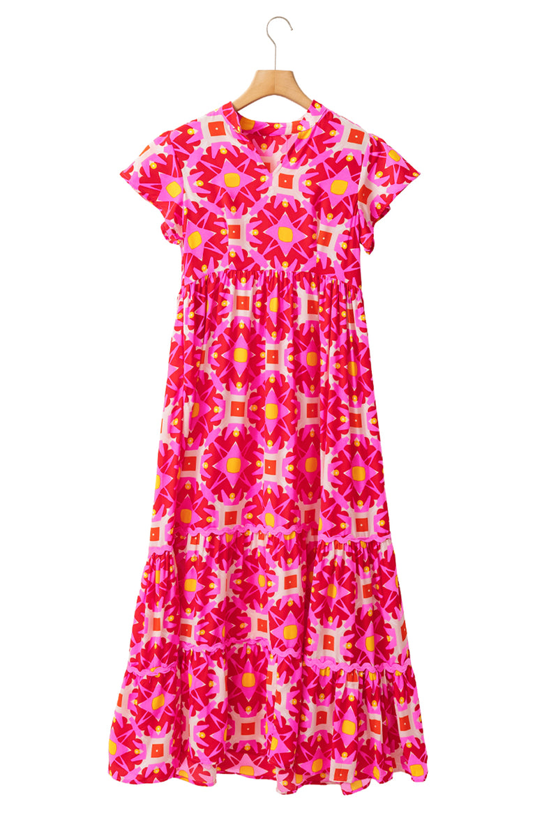 Strawberry Pink Geo Print V-neck Maxi Dress