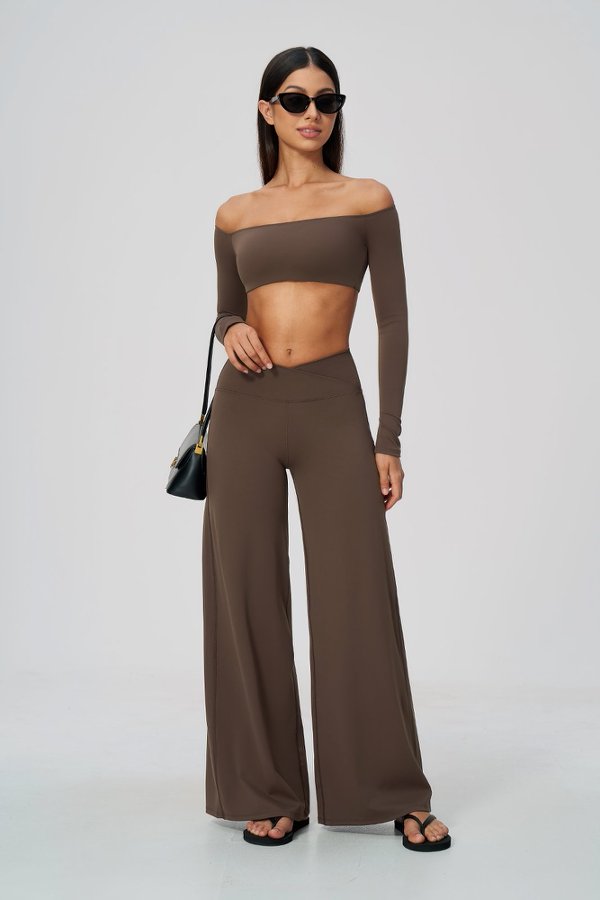 Off-Shoulder Long Sleeve Crop Top and High Waisted Wide Leg