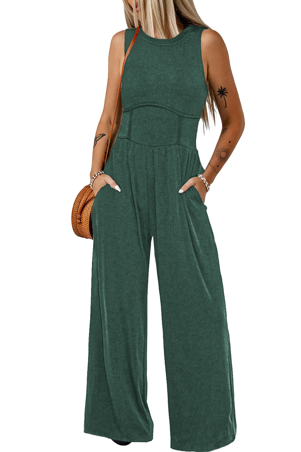 Blackish Green Cinched Waist Sleeveless Wide Leg Jumpsuit