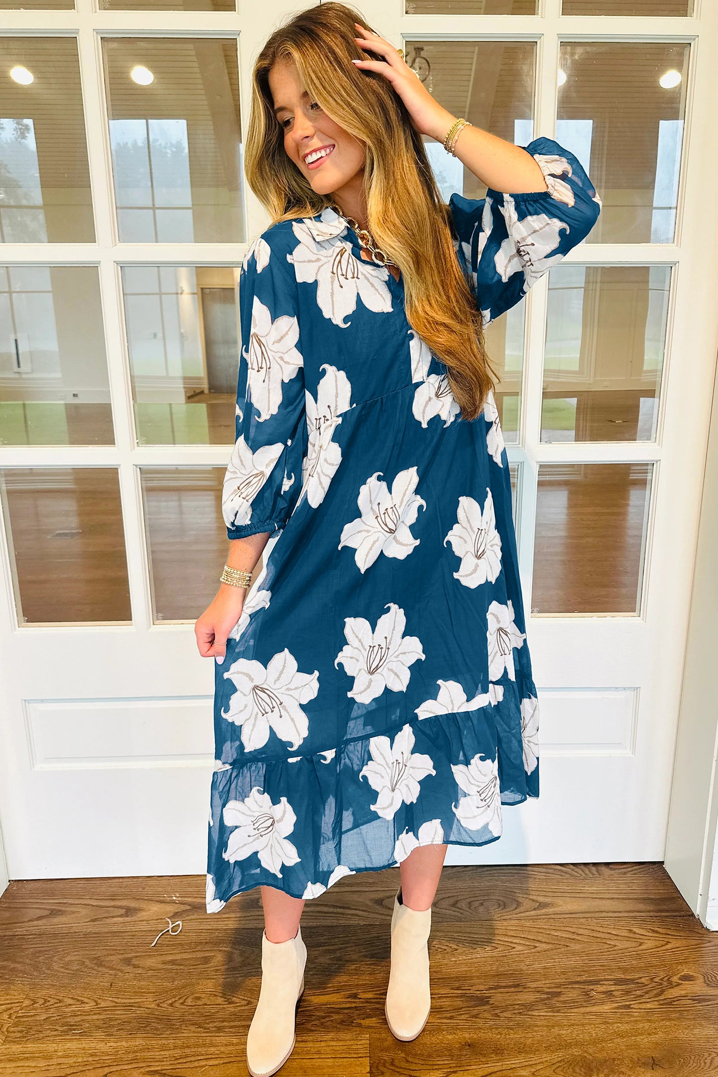 Blue Floral Print Shirt Collar V Neck 3/4 Sleeve Shift Midi Dress