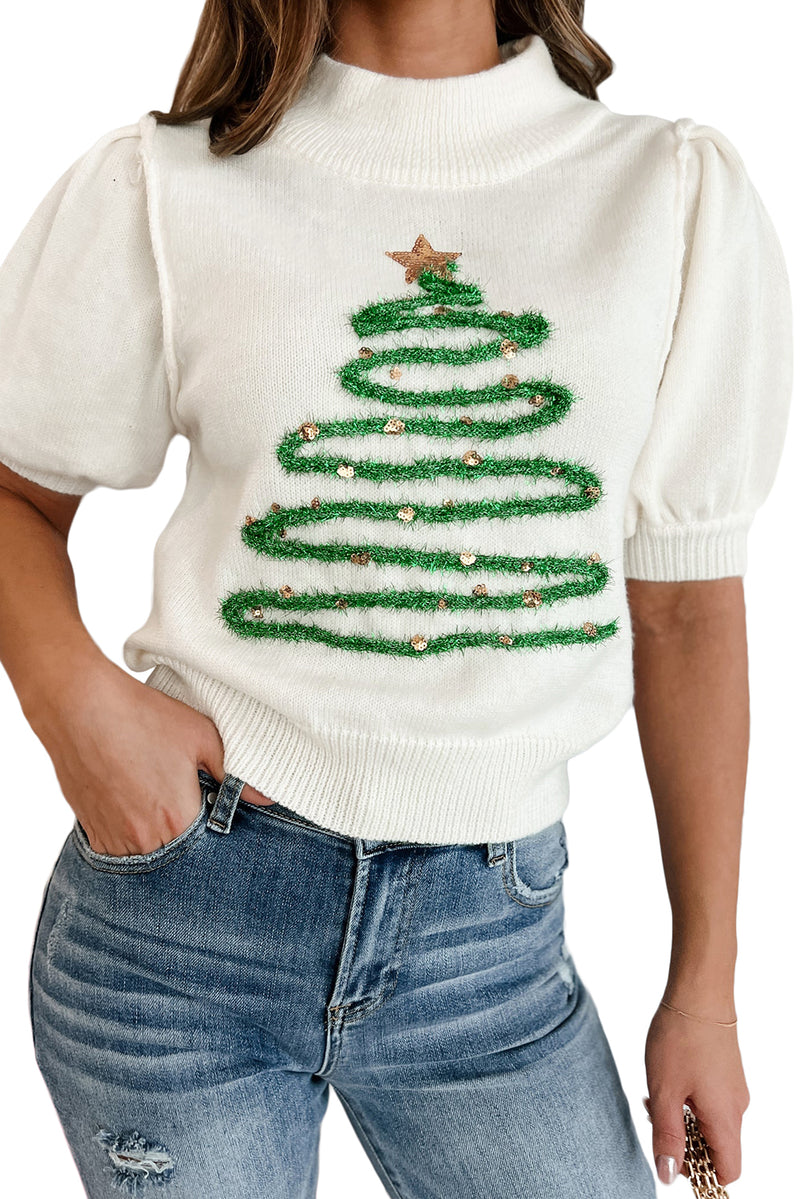 White Tinsel Christmas Tree Graphic Puff Sleeve Sweater