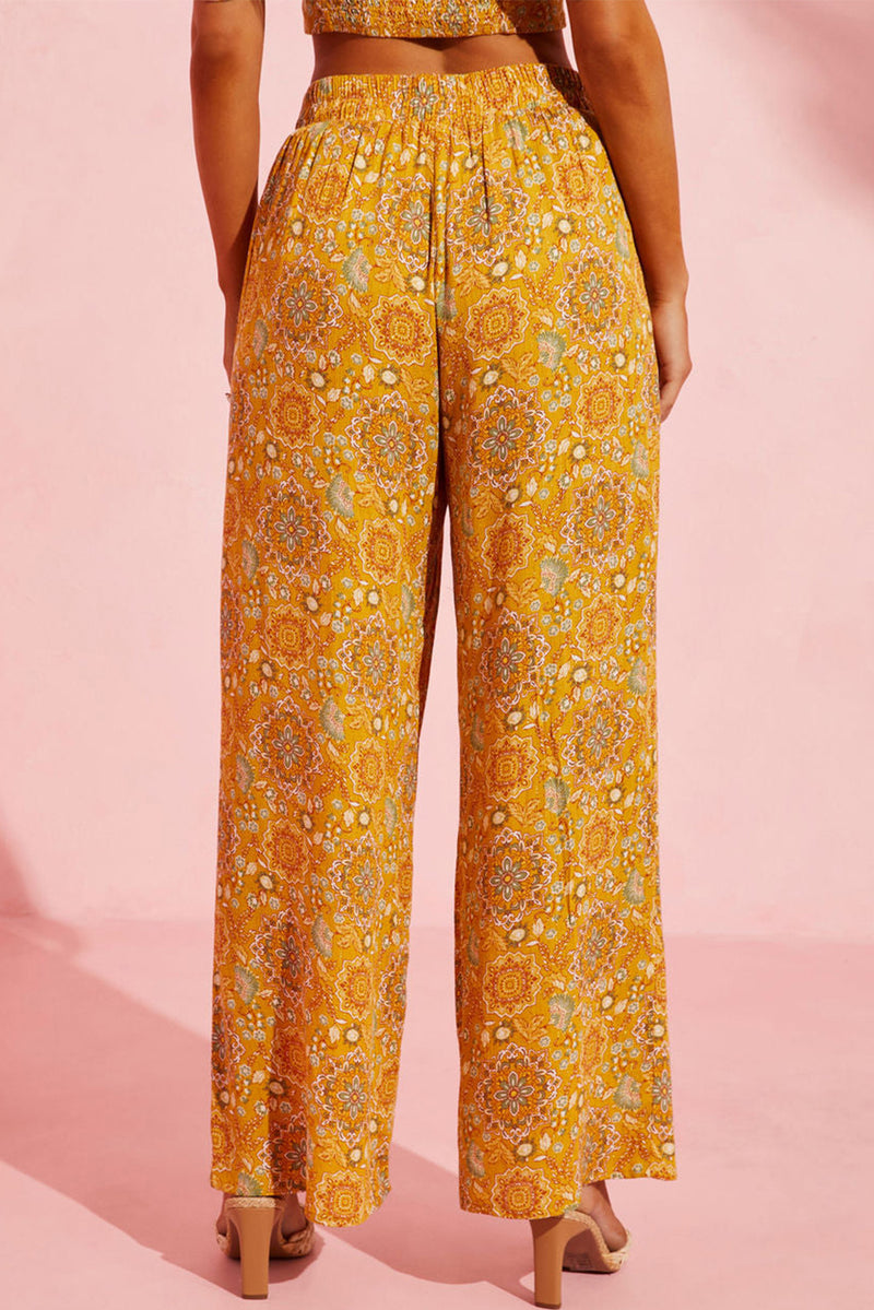 Yellow Bohemian Floral Print Pocketed Wide Leg Pants