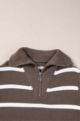 Brown Stripe Zipped Collar Cap Sleeve Knit Top