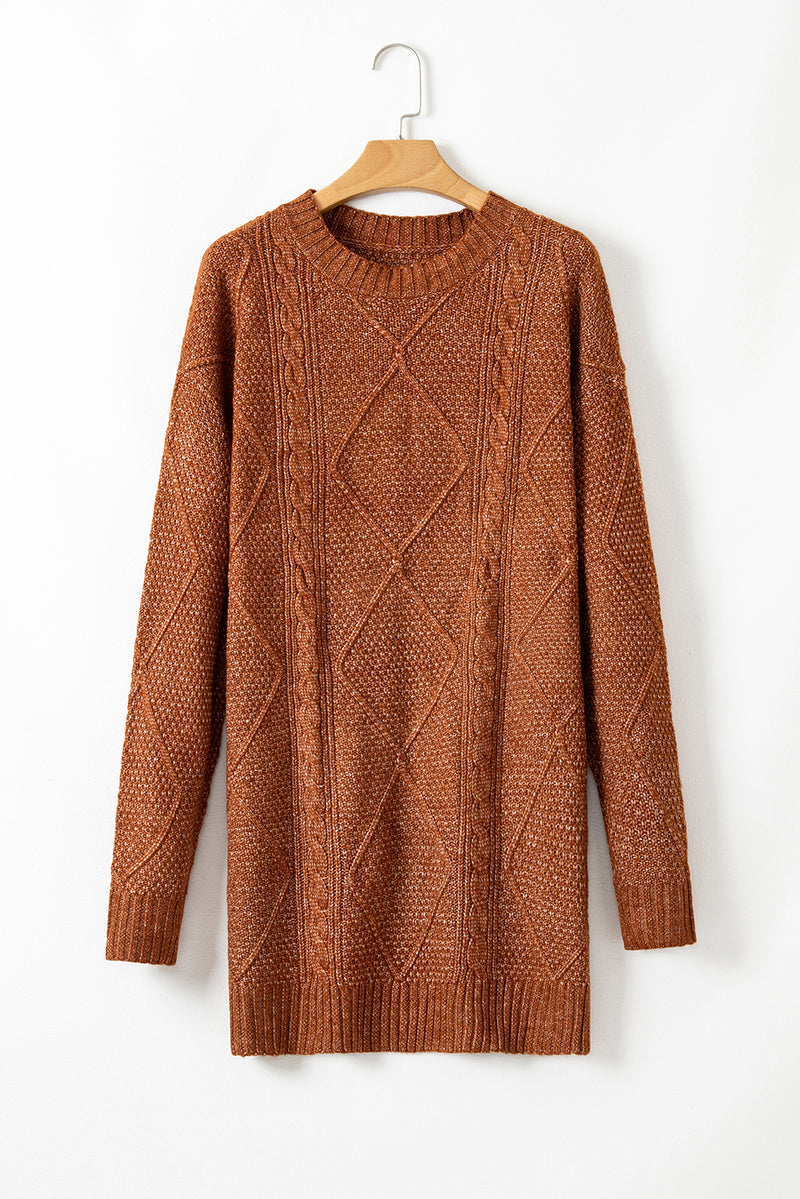 Coffee Cable Knit Drop Shoulder Loose Fit Sweater Dress