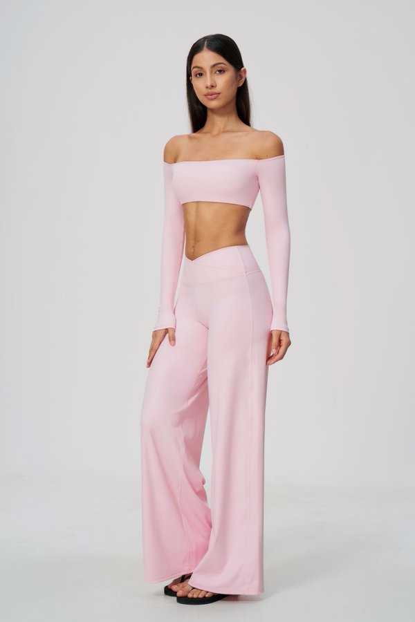 Off-Shoulder Long Sleeve Crop Top and High Waisted Wide Leg