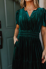 Evergreen Velvet Short Sleeve Shirred Waist Tiered Maxi Dress