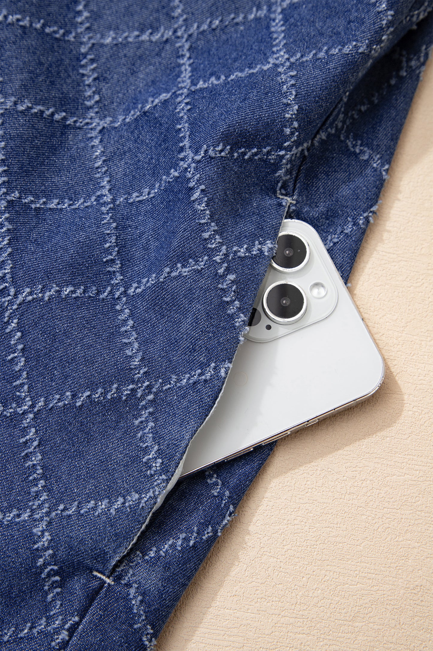 Sail Blue Rhombus Textured Collar Buttoned V Neck Denim Sleeveless Mini Dress