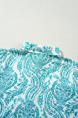 Green Paisley Print Smocked Cuff Buttoned Loose Shirt