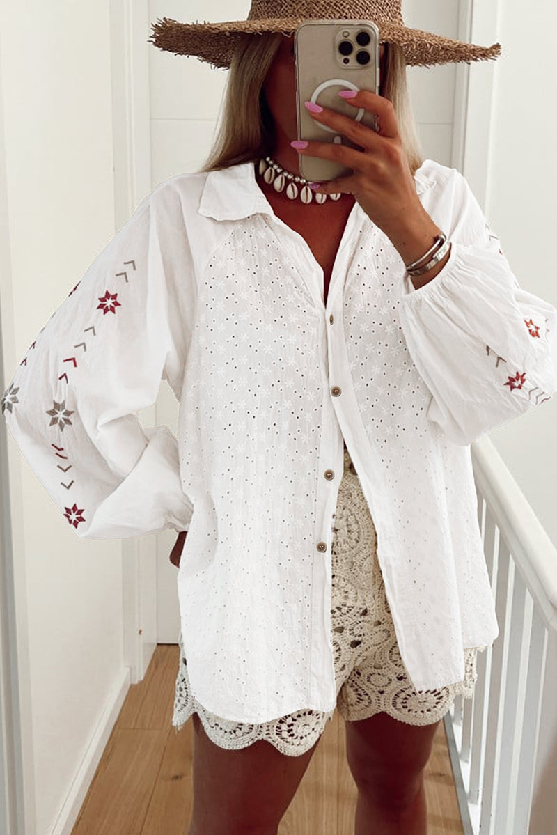 White Floral Embroidered Puff Sleeve Eyelet Patchwork Shirt