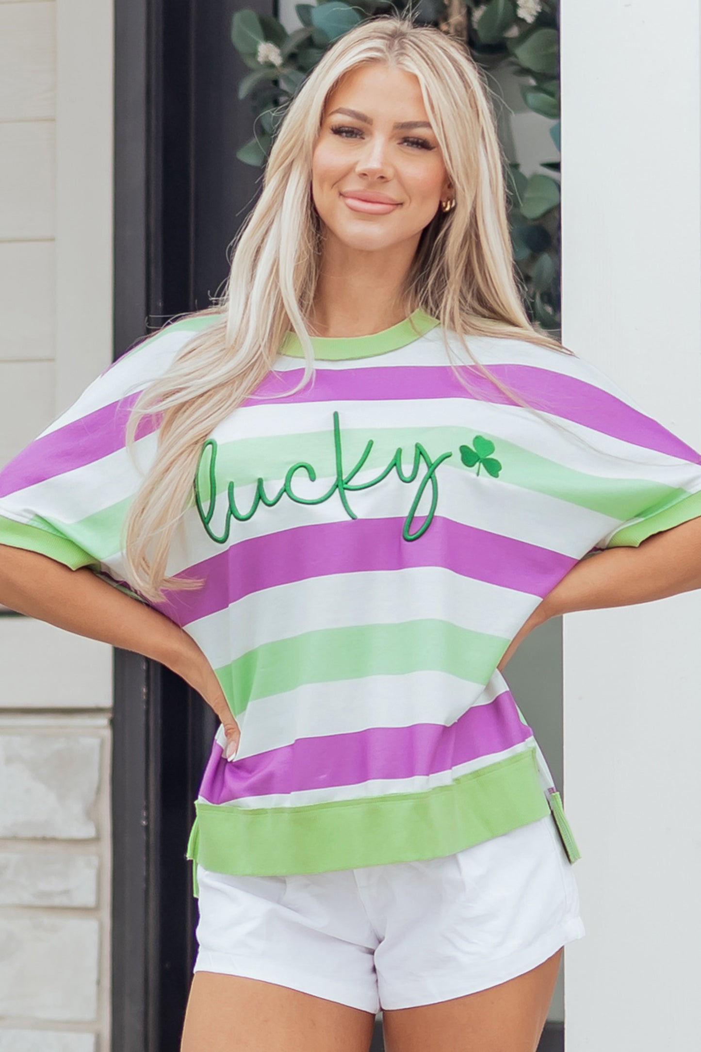 Green Stripe Lucky Clover Embroidered Graphic Dolman Loose Tee