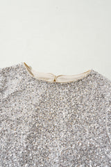 Silvery Sequin Puff Sleeve Cutout Back Blouse