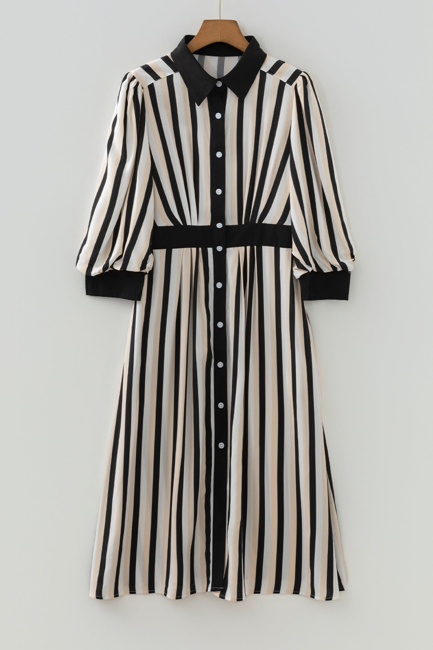 Black Stripe 3/4 Puff Sleeve Shirt Style Button Down Midi Dress