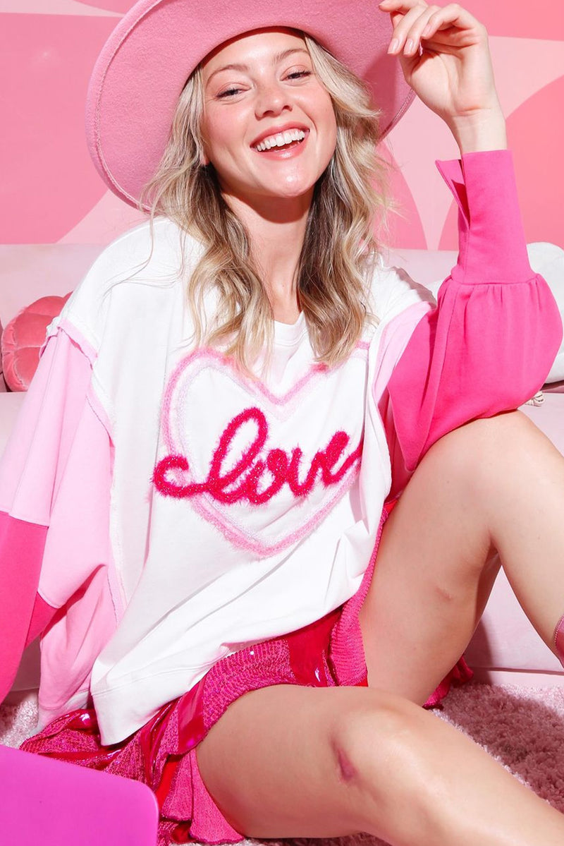 White Tinsel Love Heart Graphic Color Block Sleeve Sweatshirt