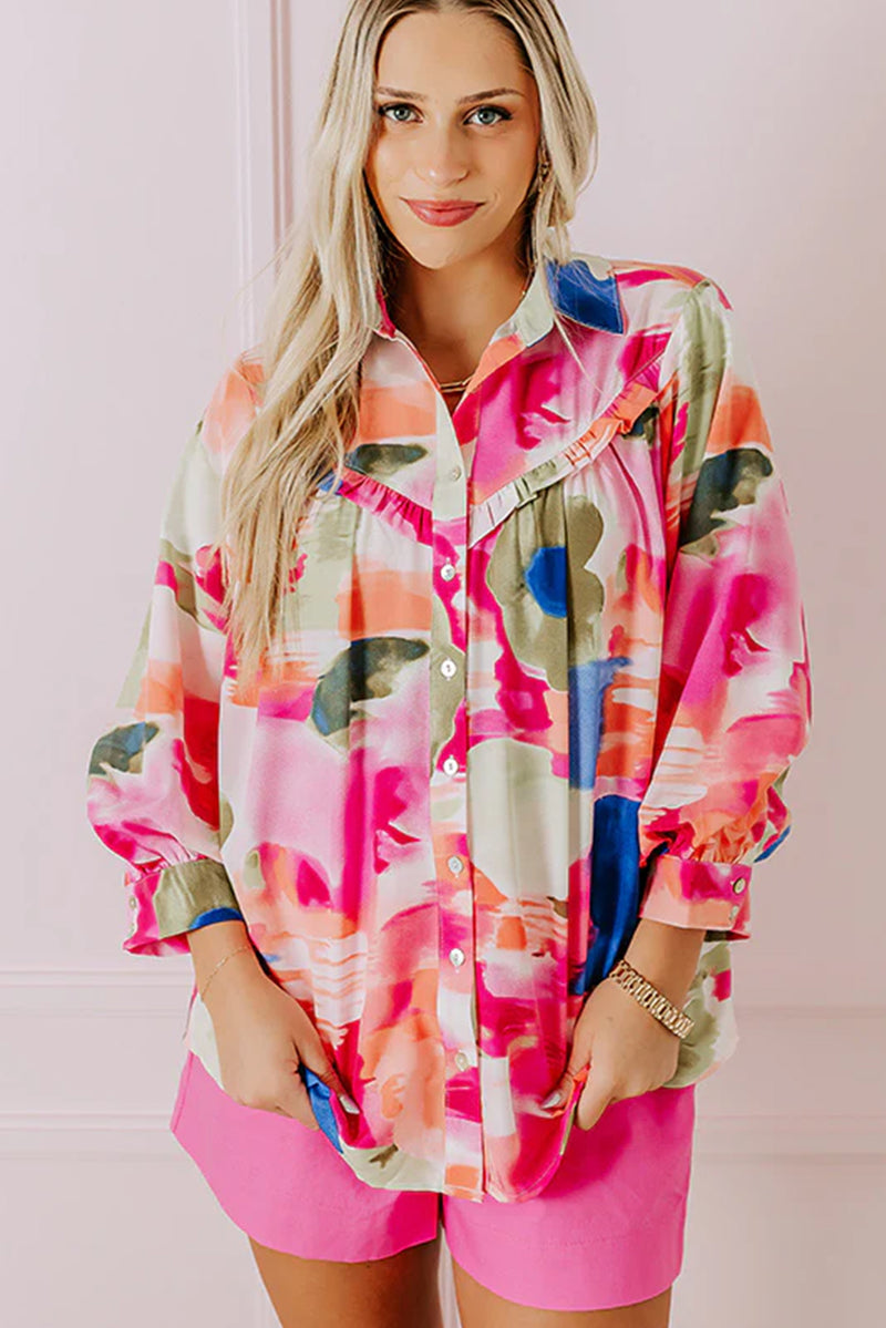 Rose Abstract Print Ruffled Puff Sleeve Shirt