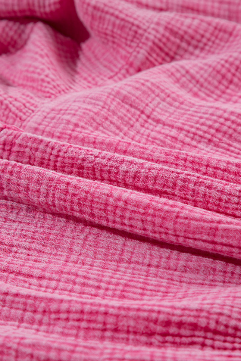 Strawberry Pink Mineral Wash Crinkle Split Neck Raw Hem Tiered Dress