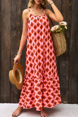 Fiery Red Geometric Print Loose Fit Sleeveless Maxi Dress